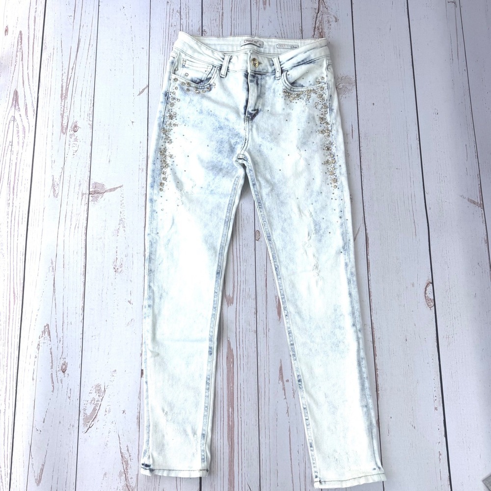 Doshe Miley Skinny Jeans Light Acid Wash Rhinestone Embellished 29 Distressed